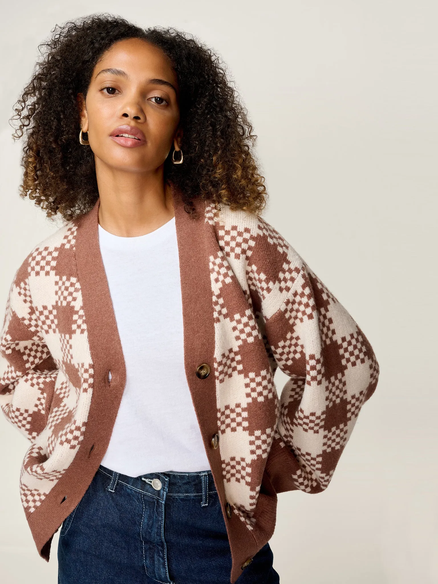 Athena Check Cardigan in Brown and Cream sold by Omnes product image thumbnail 3