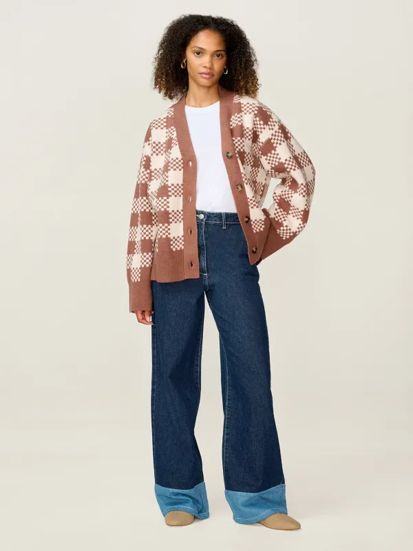Athena Check Cardigan in Brown and Cream sold by Omnes