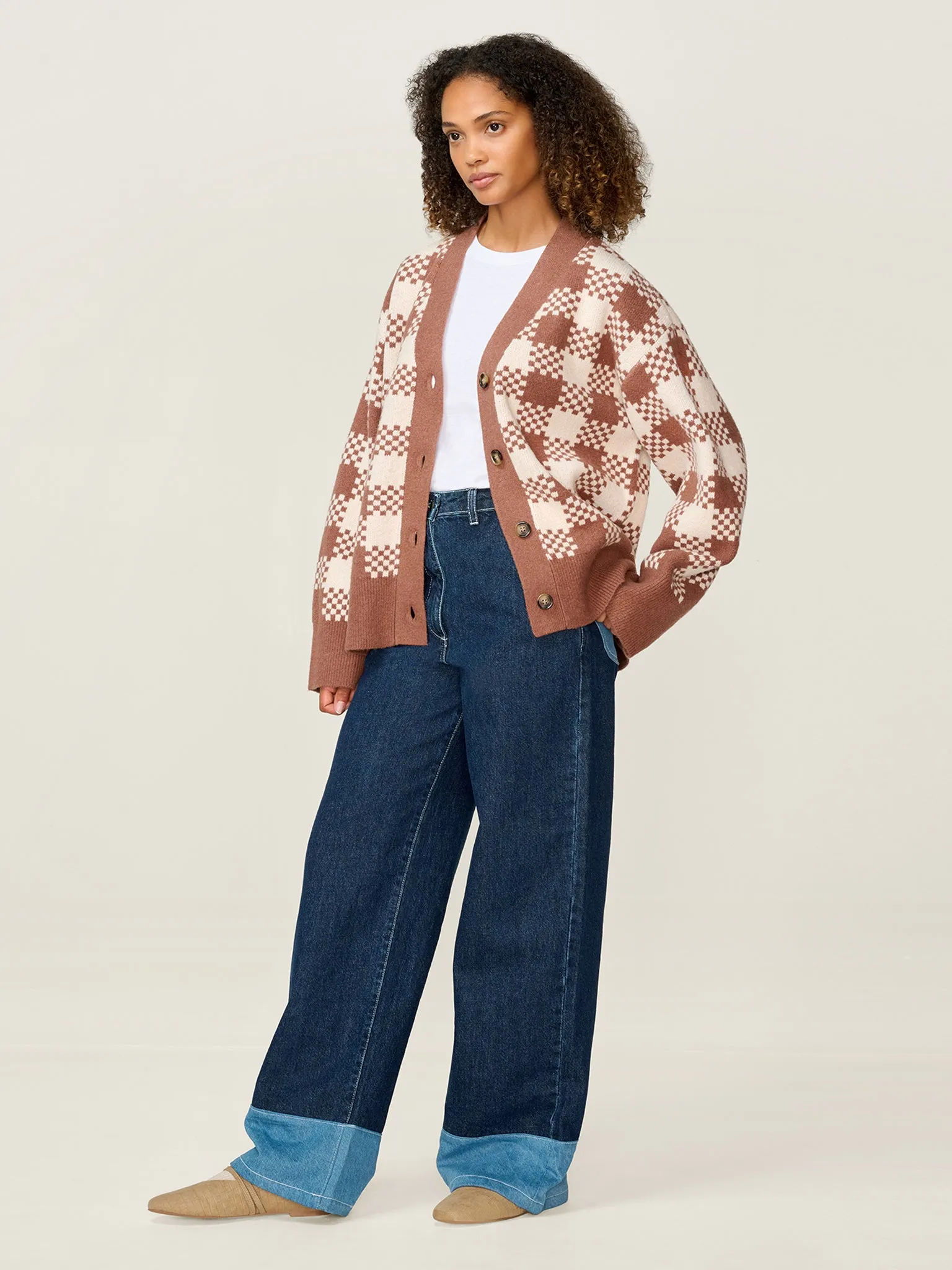 Athena Check Cardigan in Brown and Cream sold by Omnes product image thumbnail 2