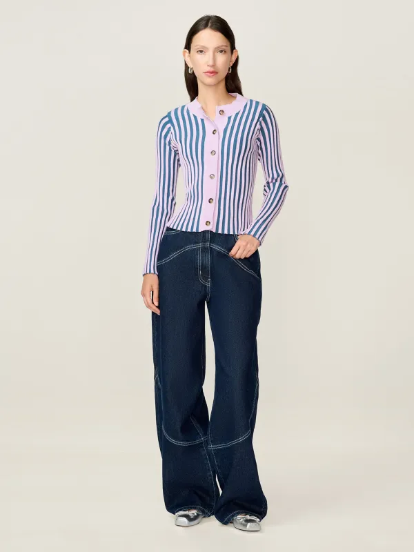 Daisy Stripe Cardigan in Navy and Lilac sold by Omnes