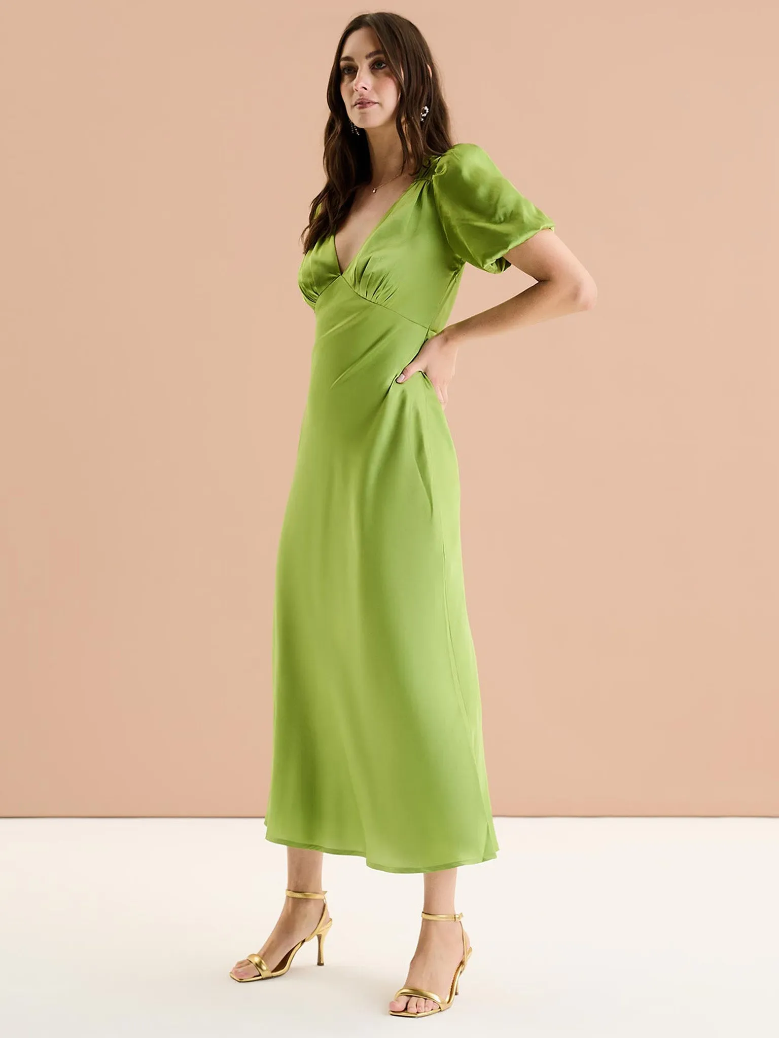 Rosie Ruched Puff Sleeve Dress in Sage sold by Omnes product image thumbnail 2