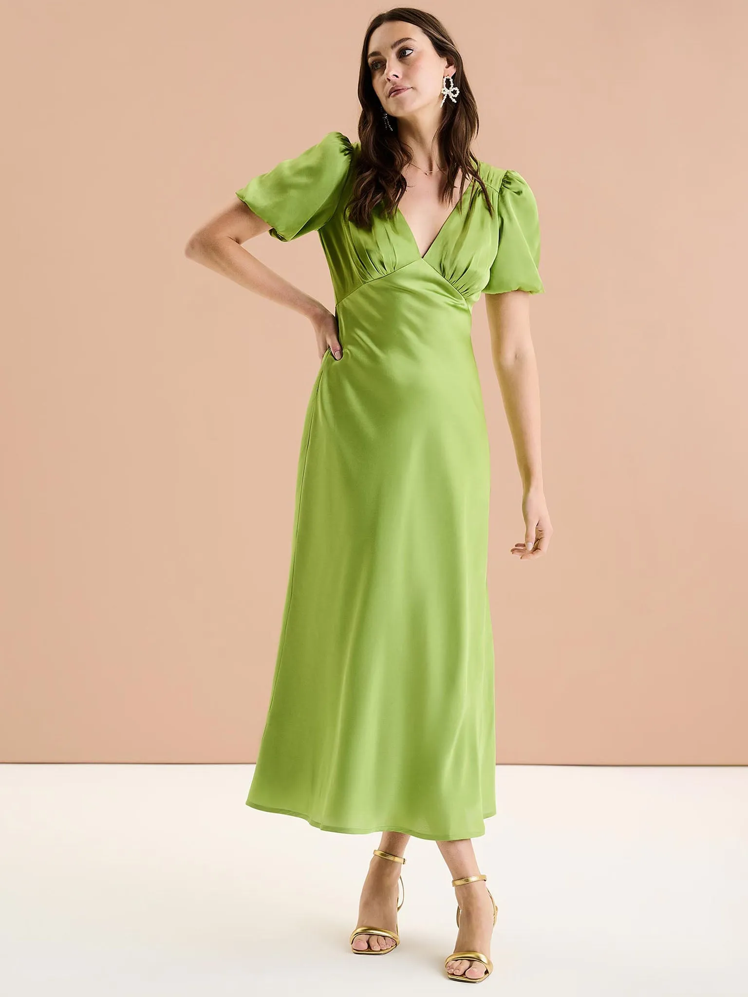 Rosie Ruched Puff Sleeve Dress in Sage sold by Omnes product image thumbnail 4
