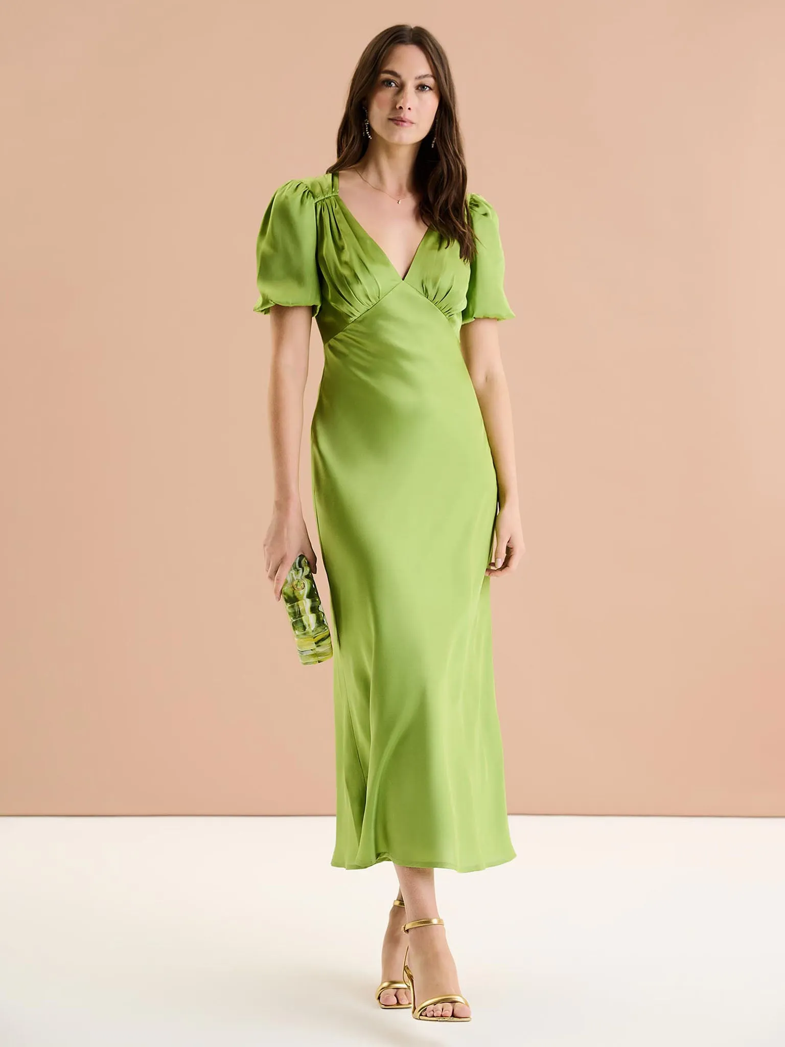 Rosie Ruched Puff Sleeve Dress in Sage sold by Omnes