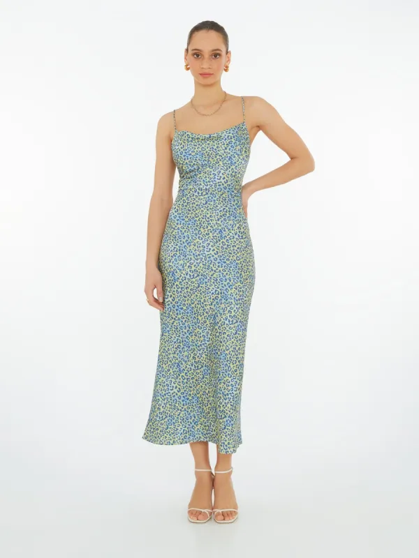 Riviera Midi Dress in Blue Leopard Print sold by Omnes