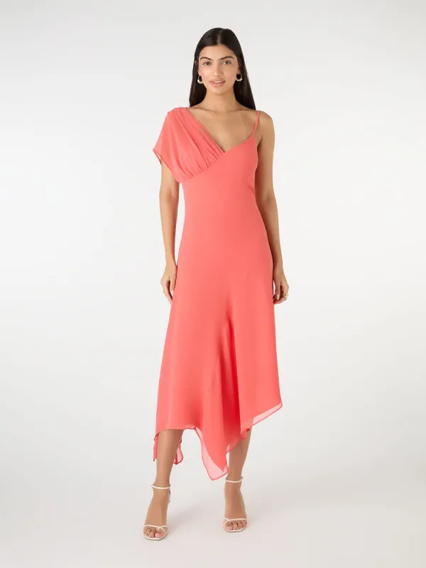 Laurel Asymmetric Dress in Coral sold by Omnes