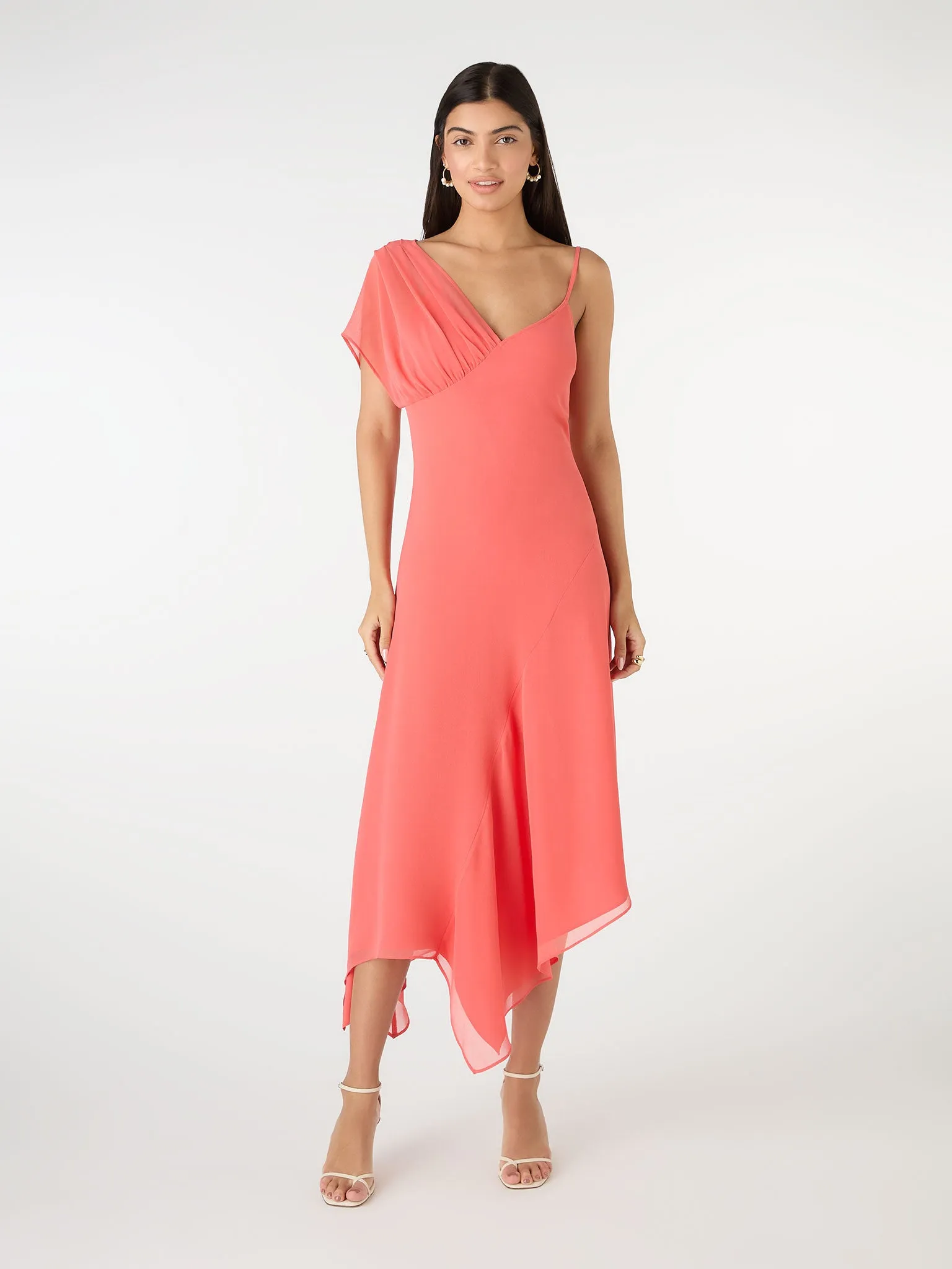 Laurel Asymmetric Dress in Coral sold by Omnes