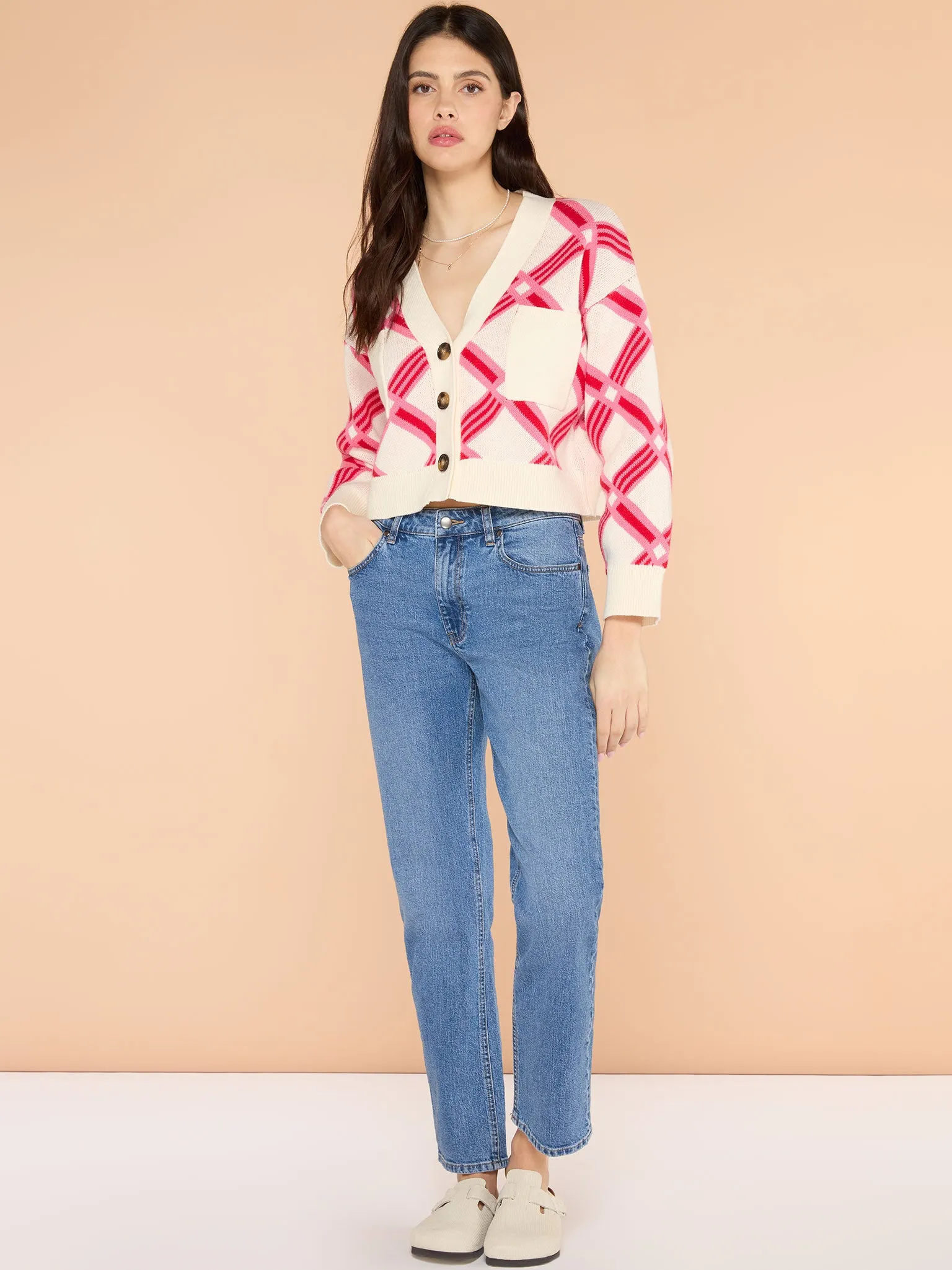 Heather Large Check Cardigan in Cream sold by Omnes