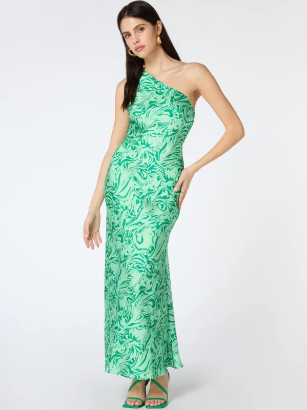Uma One Shoulder Dress in Green Marble sold by Omnes