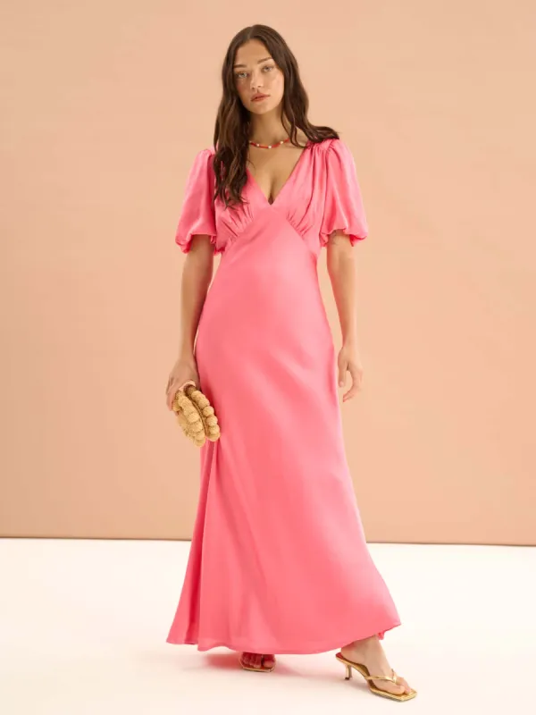 Rosie Ruched Puff Sleeve Dress in Hot Pink sold by Omnes