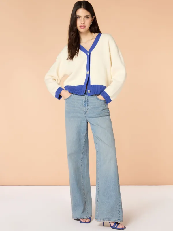 Kayla Knit Cardigan in Cream and Blue sold by Omnes