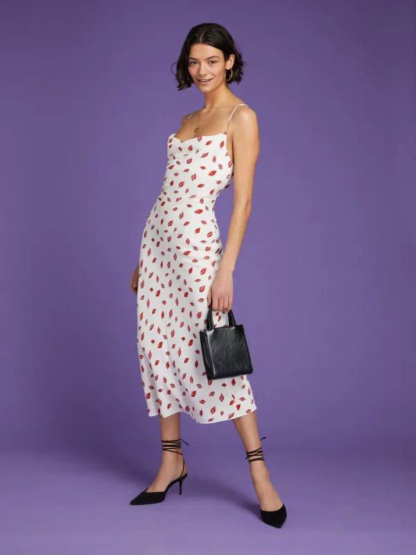 Riviera Midi Dress in White Lips Print sold by Omnes