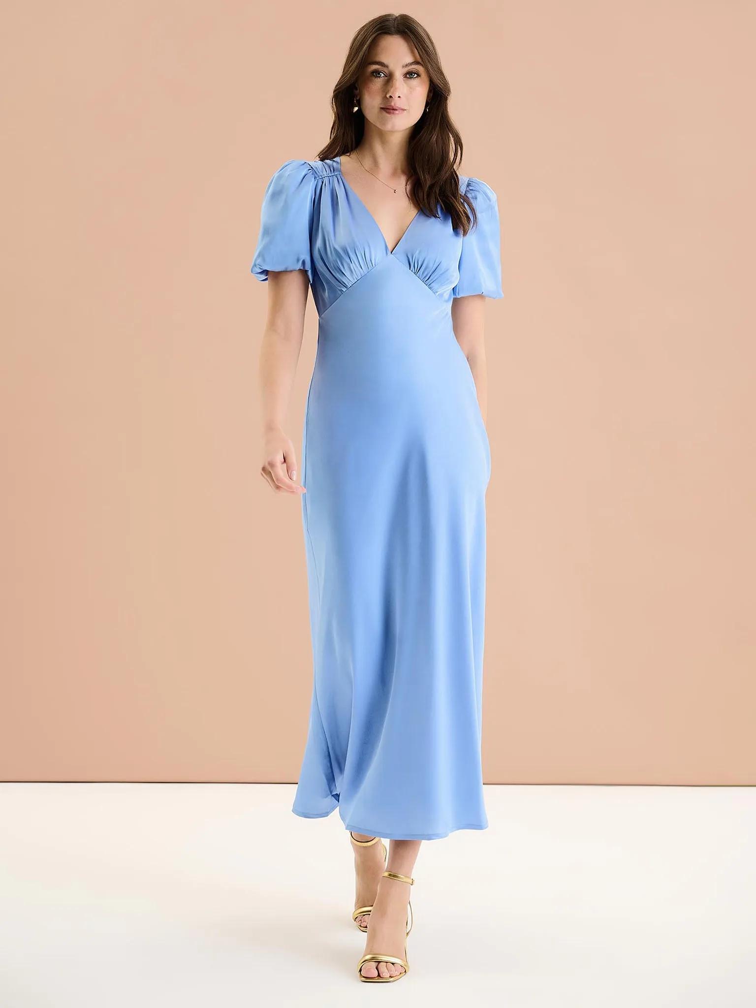 Rosie Ruched Puff Sleeve Dress in Light Blue sold by Omnes