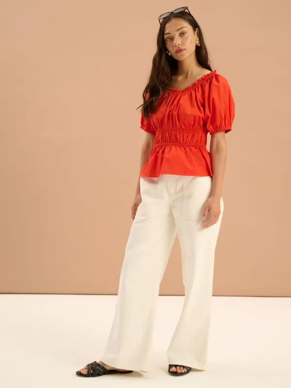 Ola Shirred Detail Short Sleeve Top in Red sold by Omnes