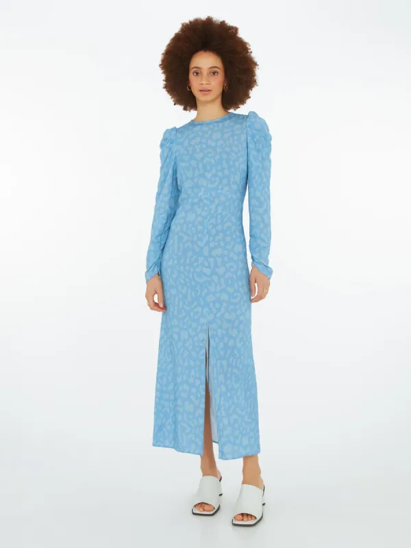Marie Tea Dress in Blue Cheetah Print sold by Omnes