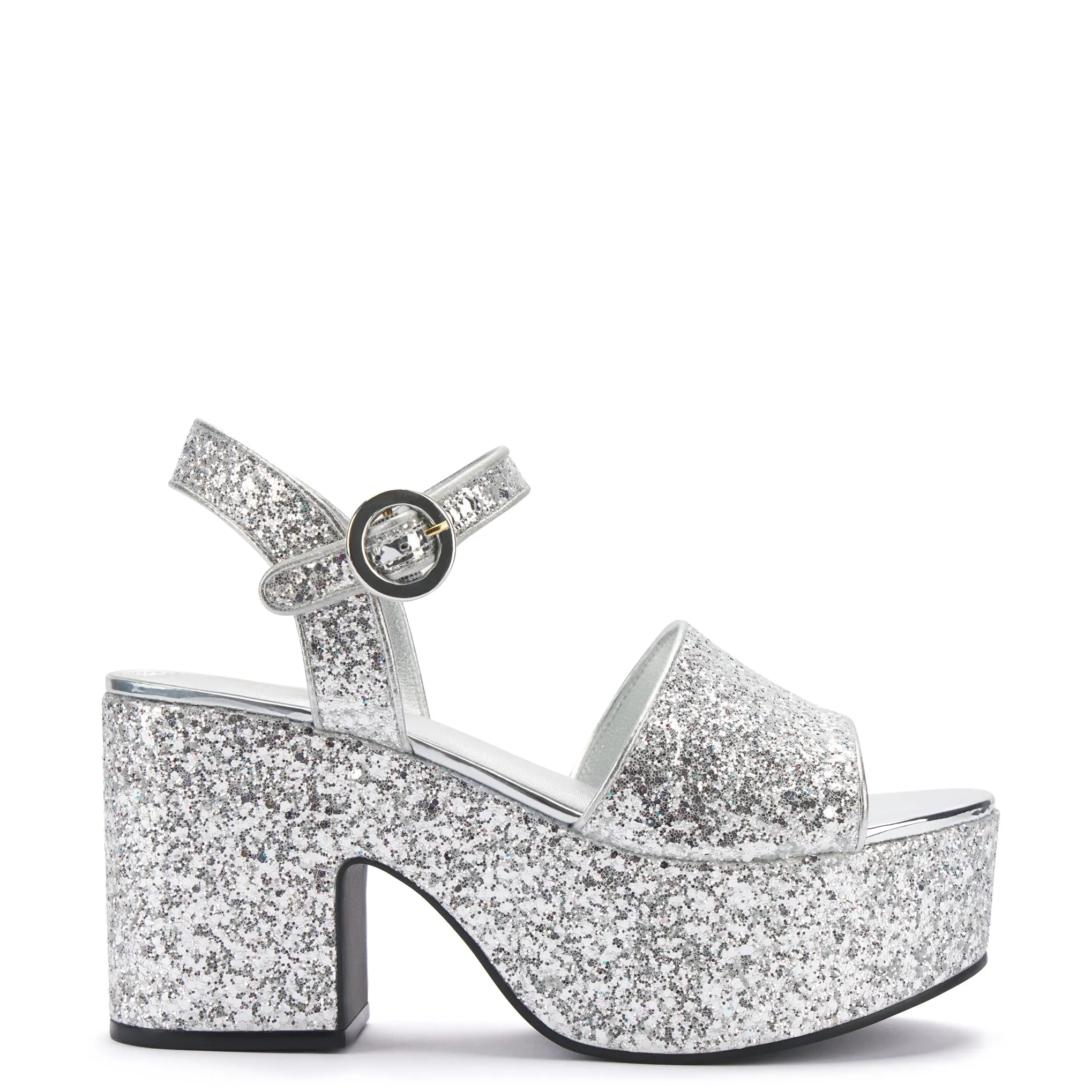 Miso Platform Strap Sandal In Silver Glitter sold by Larroude