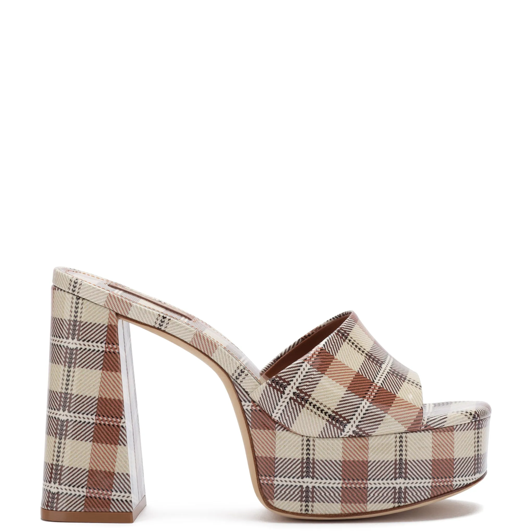 Dolly Mule In Caramel Plaid Patent Leather sold by Larroude
