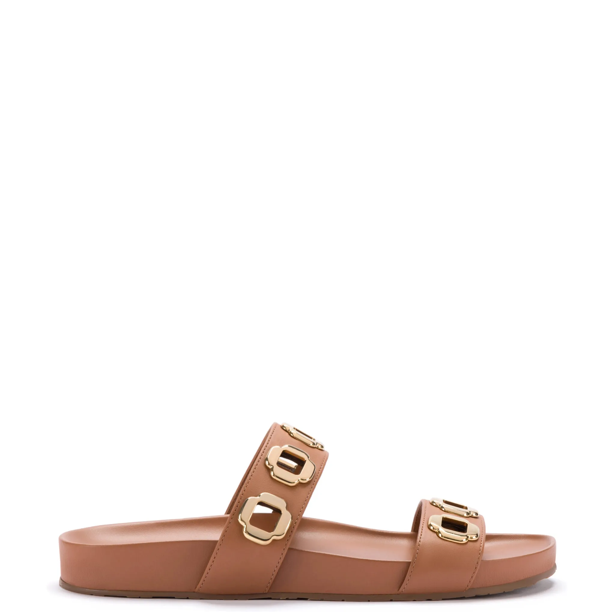 Milan Slide In Caramel Leather sold by Larroude