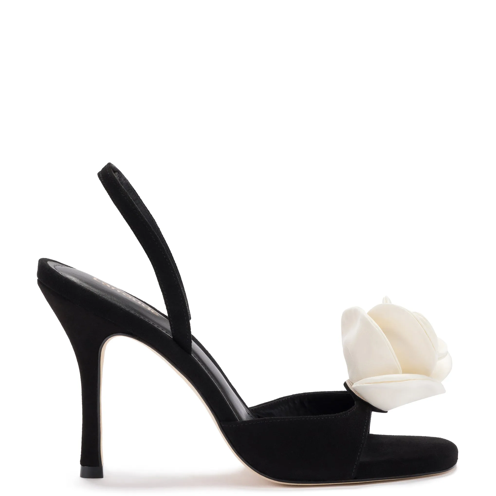 Salma Sandal In Black Suede and Ivory Satin sold by Larroude