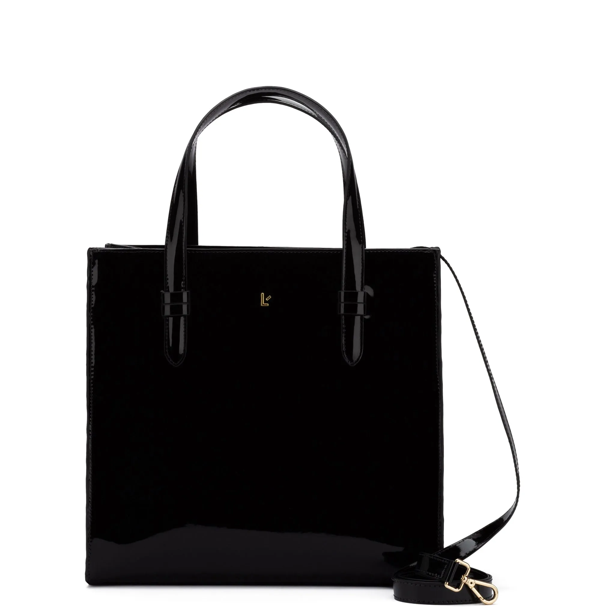 Phoebe Tote Bag In Black Vegan Patent Leather sold by Larroude