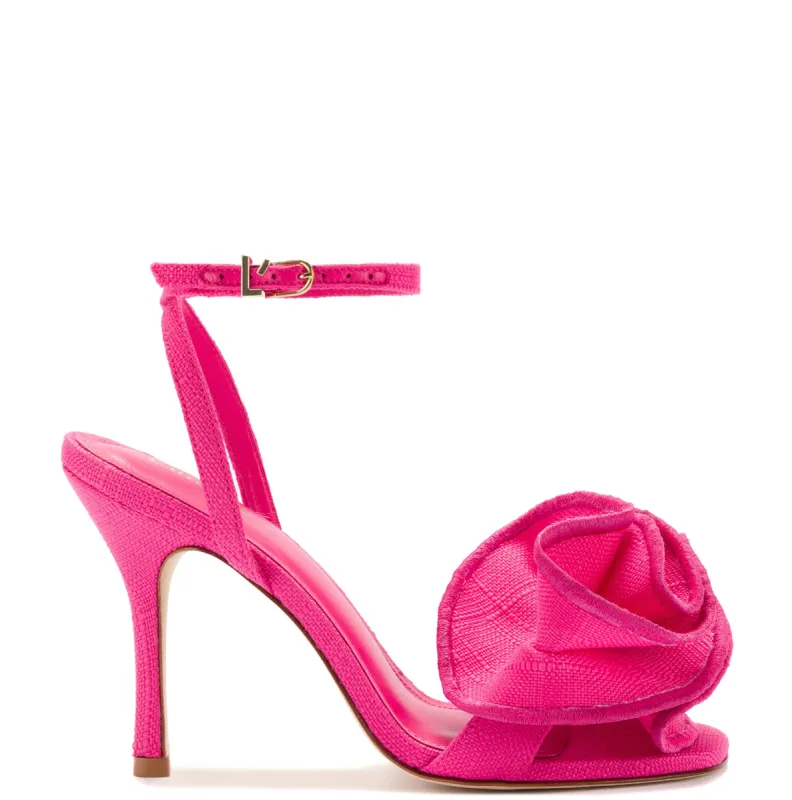 Penelope Ruffle Sandal In Pink Raffia sold by Larroude