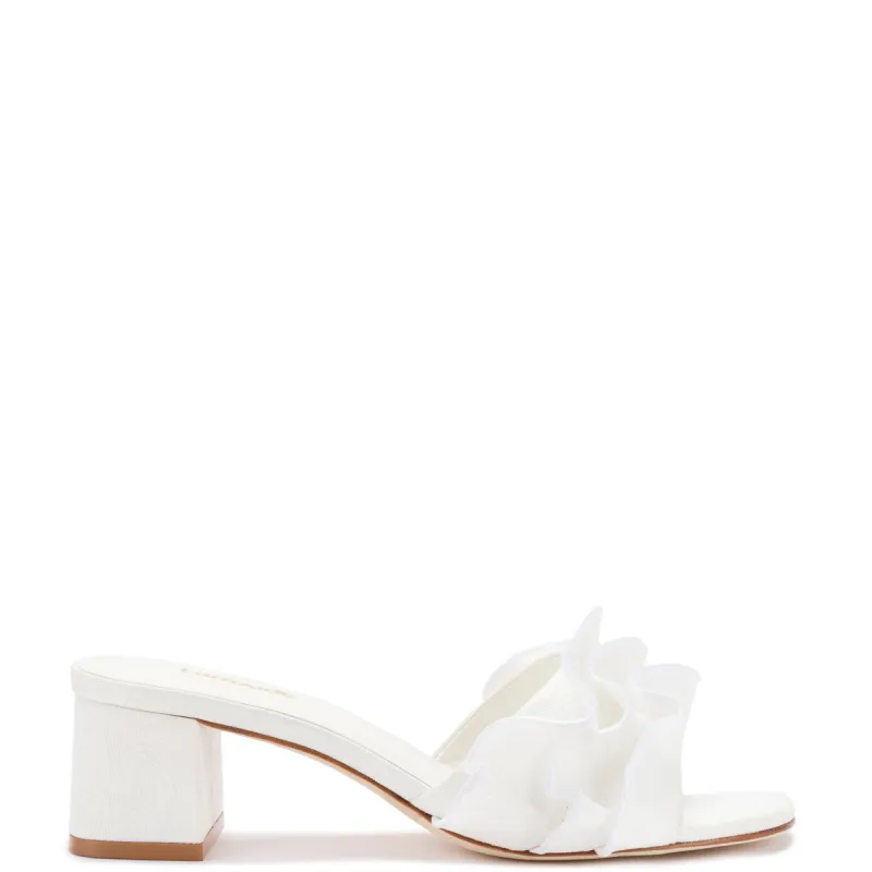 Brigitte Ruffle Mule In White Raffia sold by Larroude