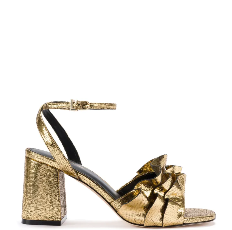 Selena Ruffle Sandal In Gold Cracked Metallic Leather sold by Larroude
