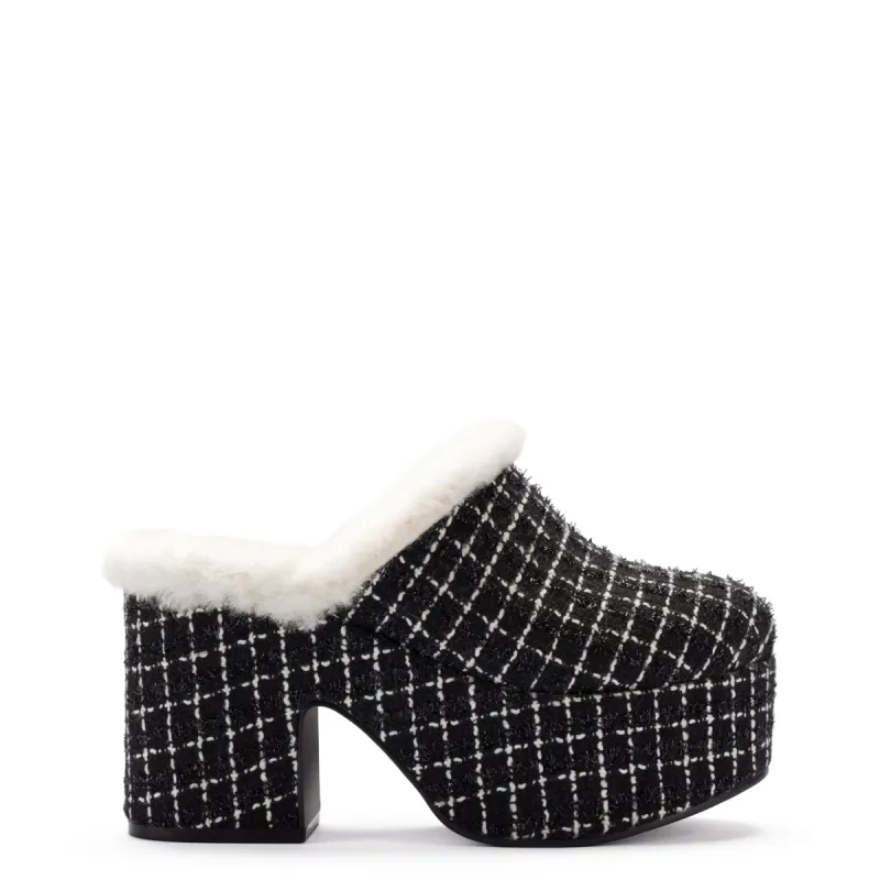 Miso Platform Clog In Black Tweed and Natural Shearling sold by Larroude