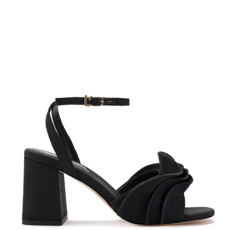 Selena Ruffle Sandal In Black Raffia sold by Larroude