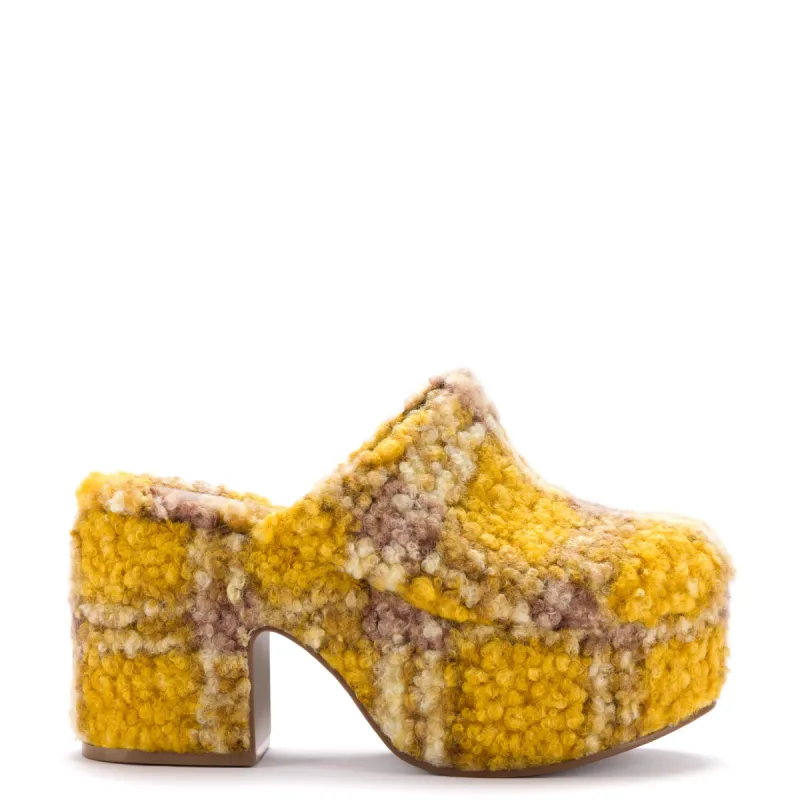 Miso Platform Clog In Dijon Plaid Shearling sold by Larroude