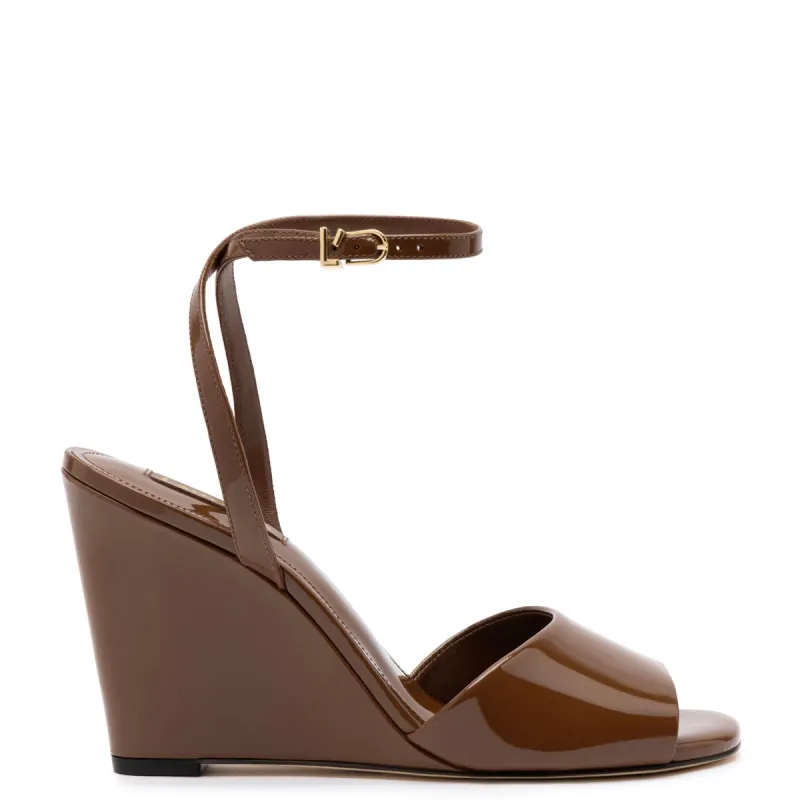 Yves Wedge In Burnt Umber Patent Leather sold by Larroude