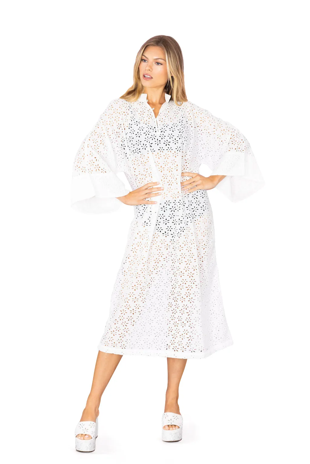 Larroudé X La Vie Style Long Caftan In Light White Laser Cut Daisies sold by Larroude