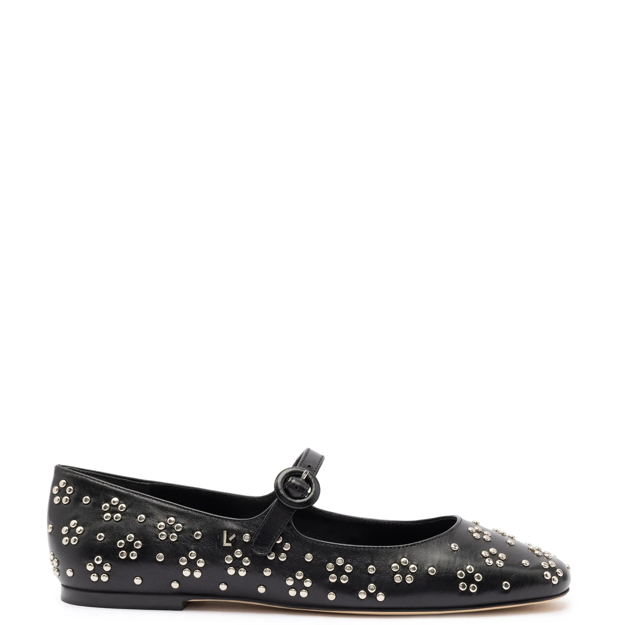 Blair Ballet Flat In Black Leather and Metallic Studs sold by Larroude