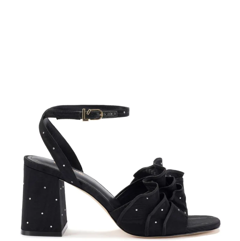 Selena Ruffle Sandal In Black Fabric and Crystals sold by Larroude
