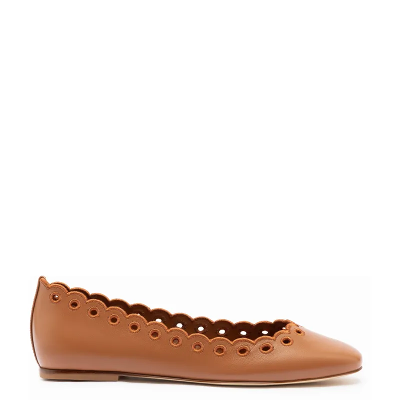 Meghan Broderie Flat In Caramel Leather sold by Larroude