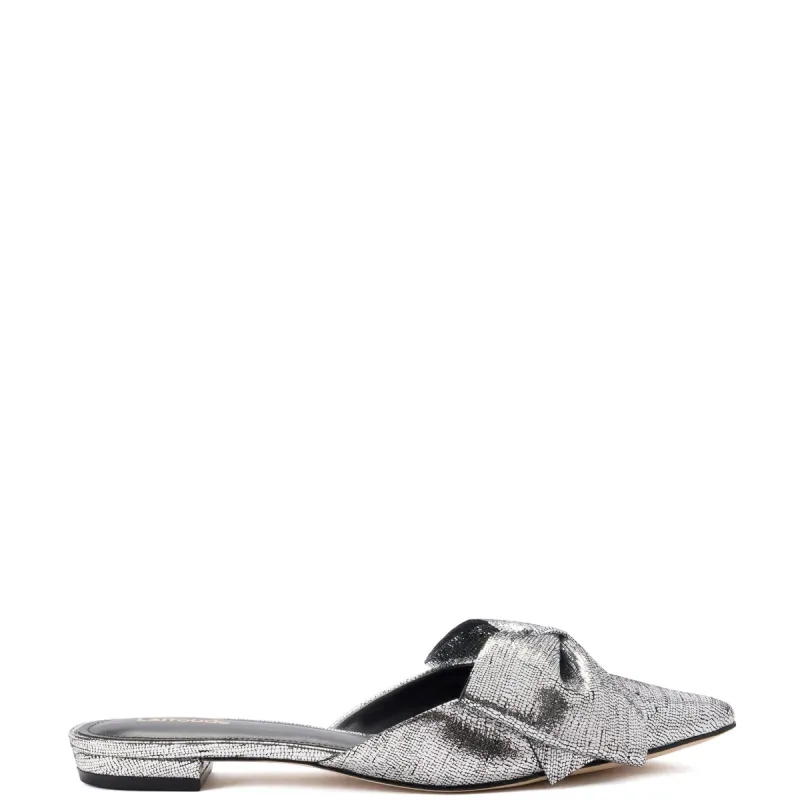 Elle Flat Mule In Silver Cracked Metallic Leather sold by Larroude
