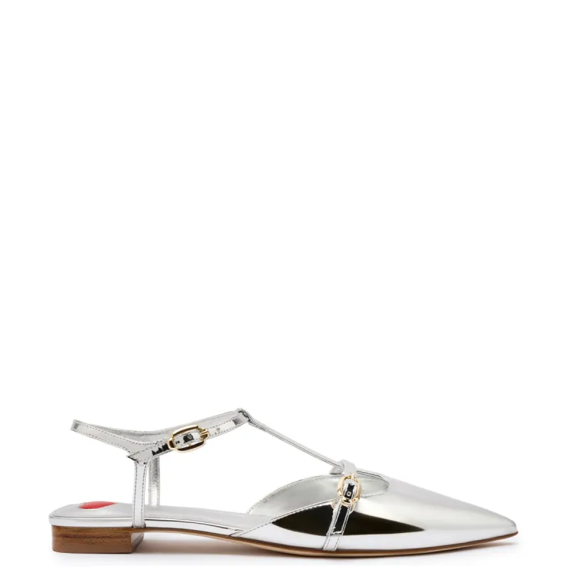 Grace Flat In Silver Specchio sold by Larroude