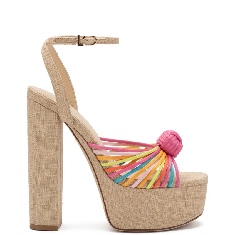 Valerie Platform Sandal In Multicolor Satin and Raffia sold by Larroude