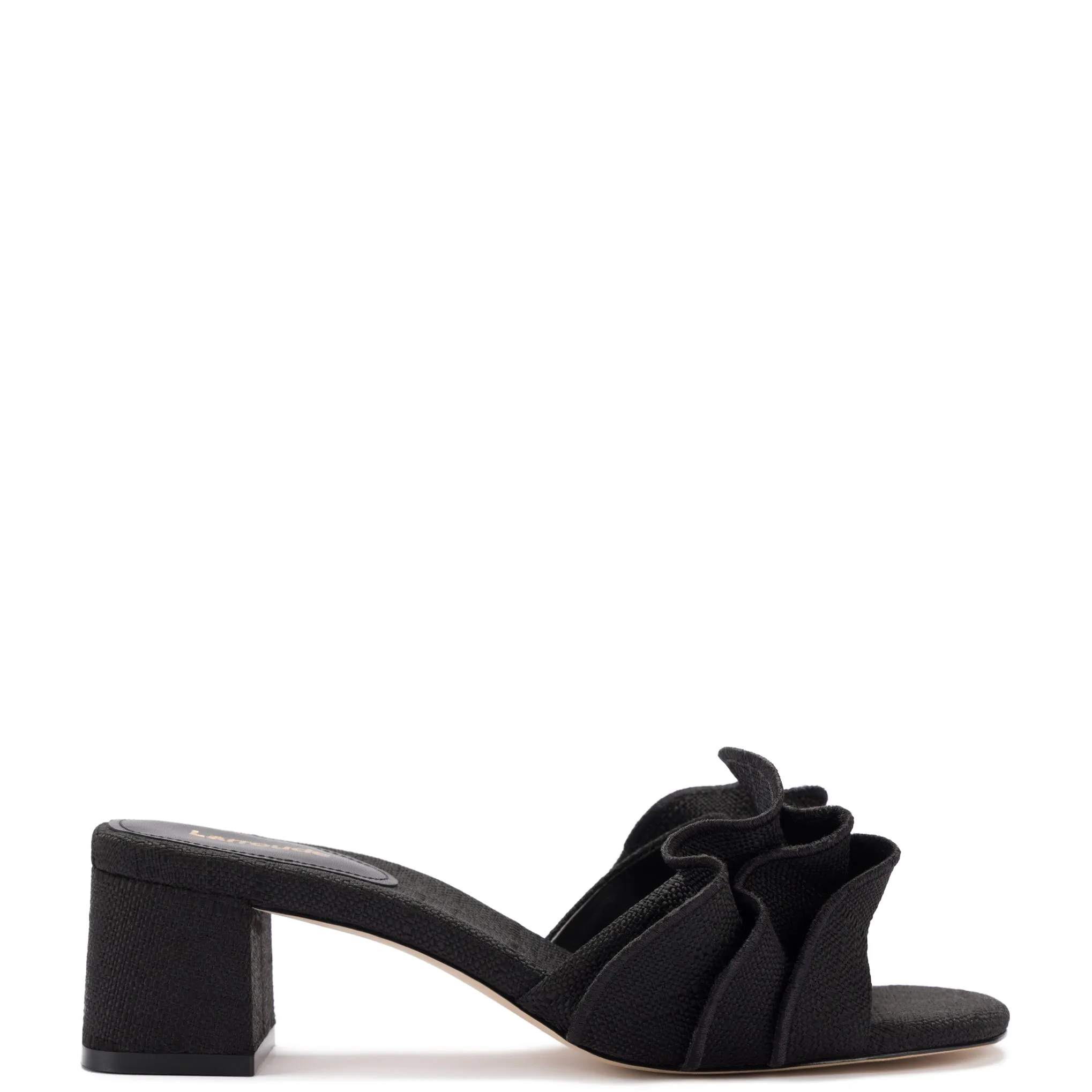 Brigitte Ruffle Mule In Black Raffia sold by Larroude