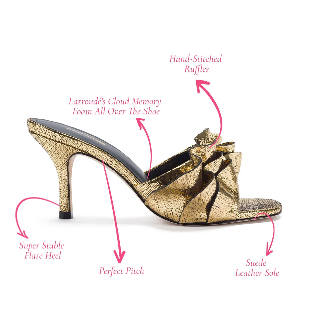 Colette Ruffle Mule In Gold Cracked Metallic Leather sold by Larroude product image thumbnail 5