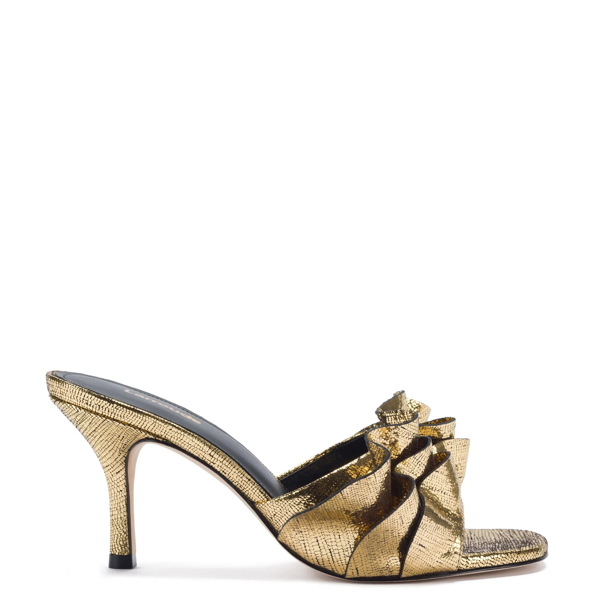 Colette Ruffle Mule In Gold Cracked Metallic Leather sold by Larroude