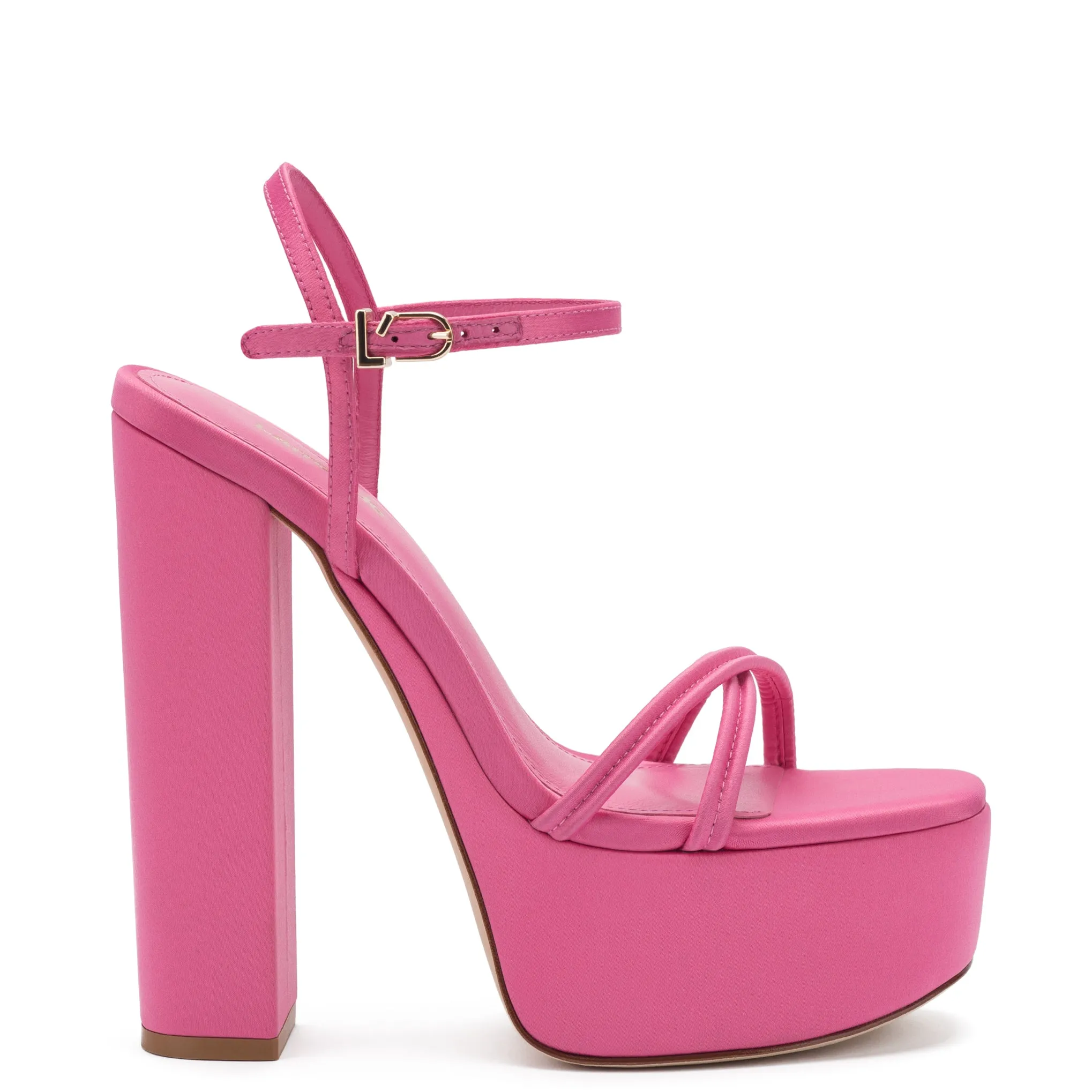 Annie Platform Sandal In Pink Satin sold by Larroude