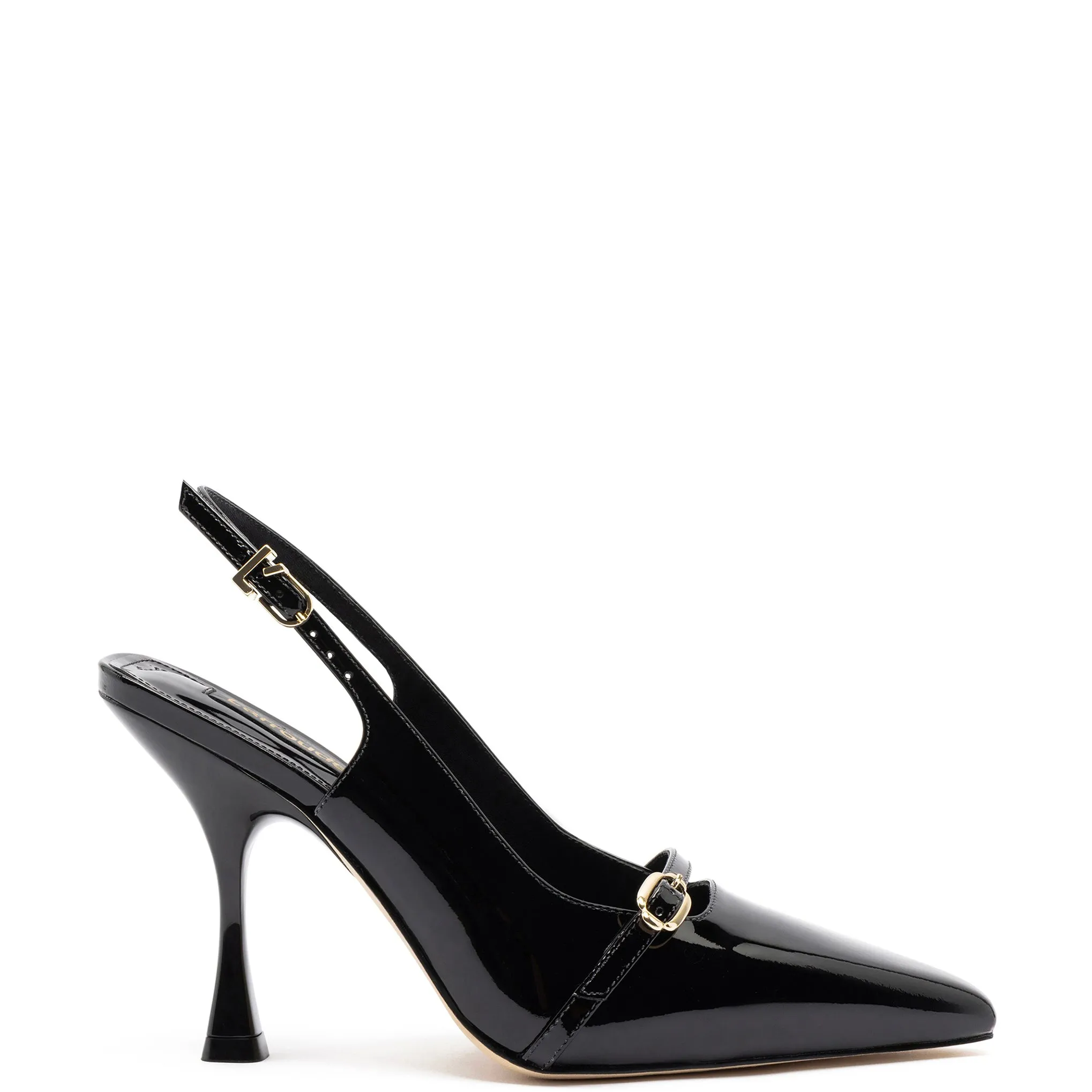 Ines Hi Pump in Black Patent Leather sold by Larroude