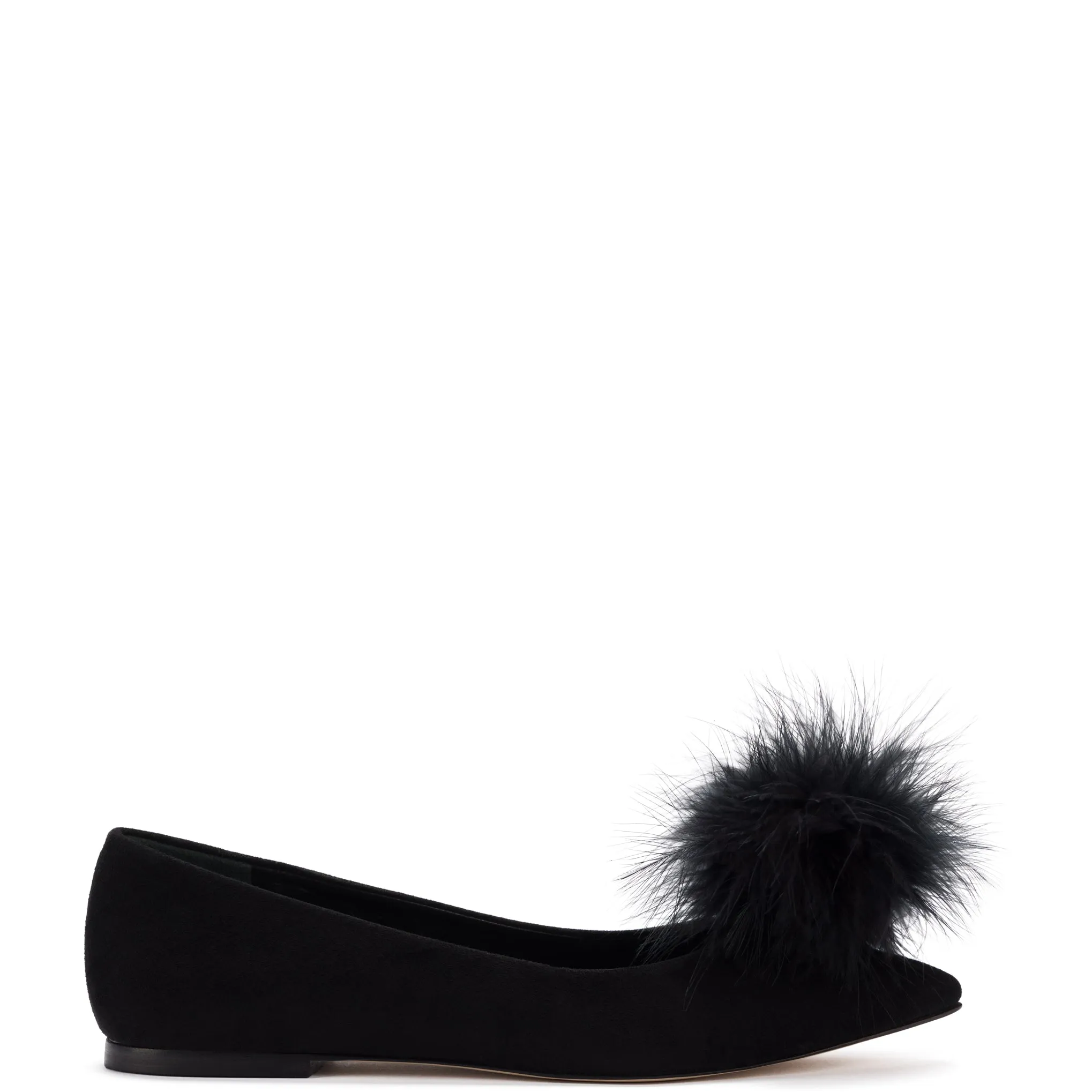 Lee Pompom Flat In Black Suede sold by Larroude