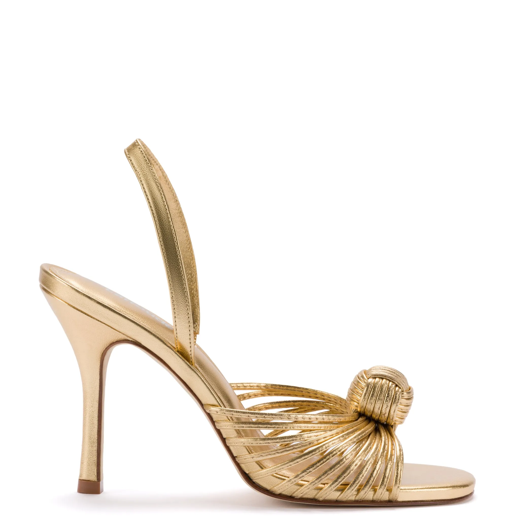 Valerie Slingback Sandal In Gold Metallic Leather sold by Larroude