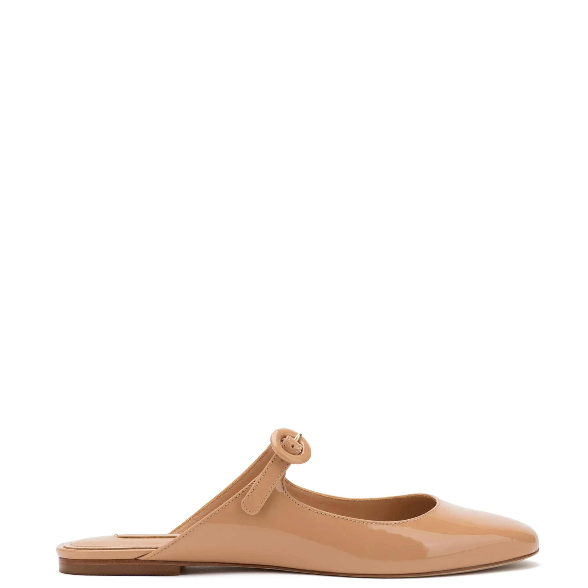 Blair Flat Mule In Tan Patent Leather sold by Larroude