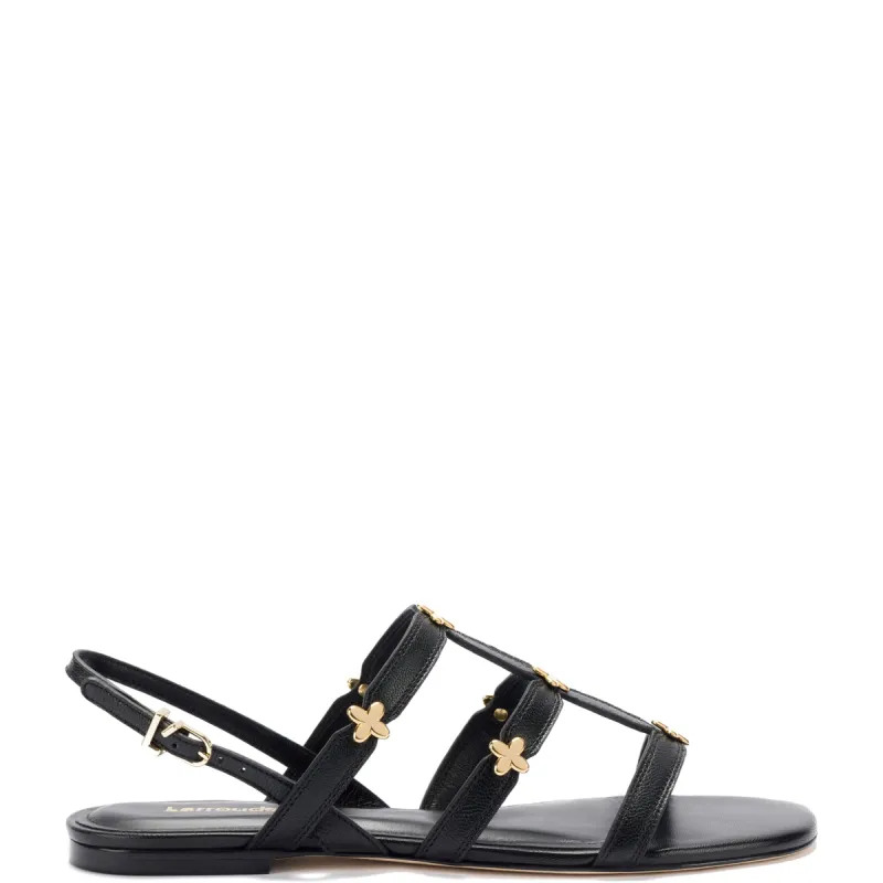 Harmony Flat Sandal In Black Leather sold by Larroude