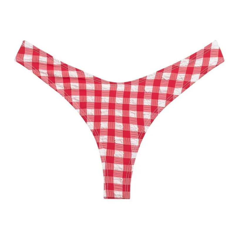 Red Gingham Lulu Scrunch Bikini Bottom sold by Larroude