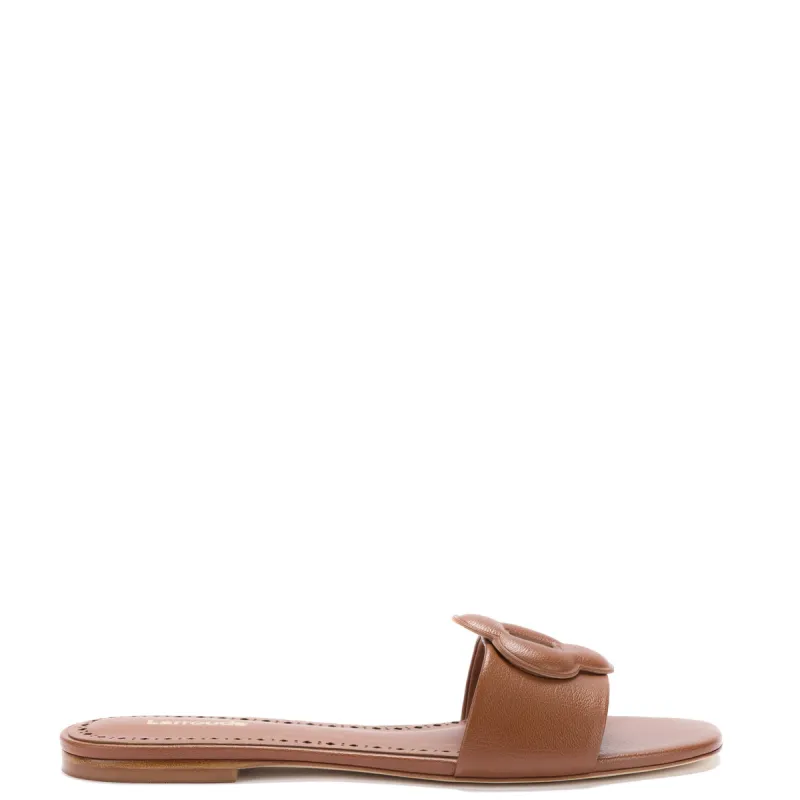 Flora Flat Mule In Caramel Leather made by Larroude