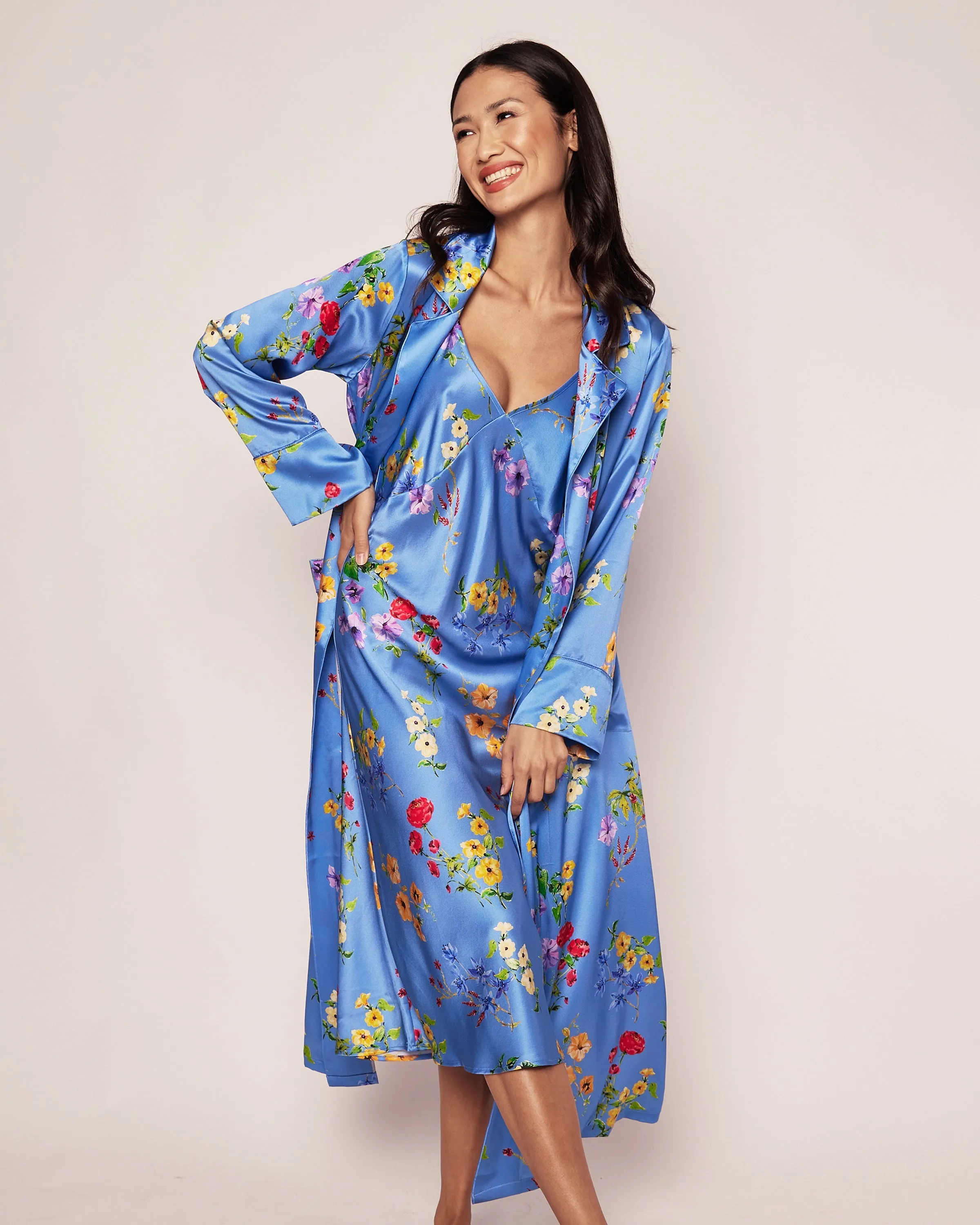 Women's Silk Robe in Azure Brilliant Botanical sold by Larroude product image thumbnail 3