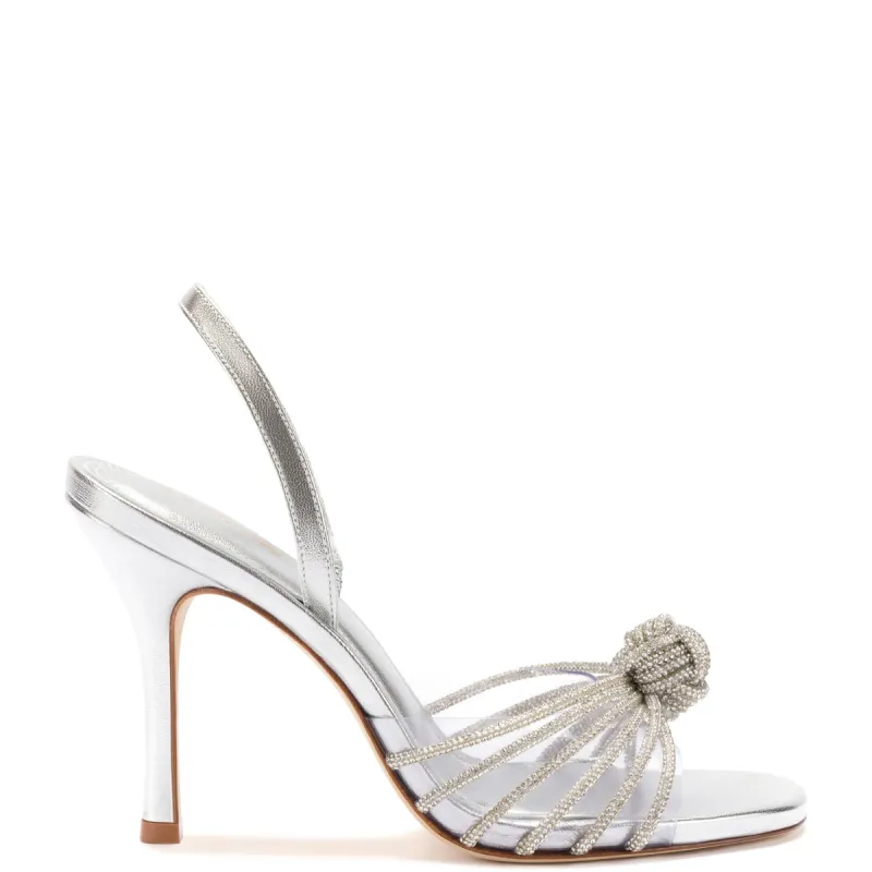 Valerie Crystal Slingback Sandal In Silver Metallic Leather sold by Larroude
